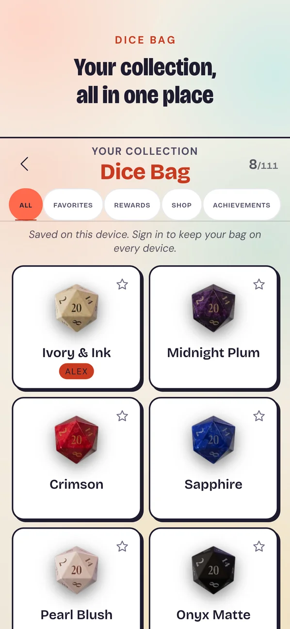 The Dice Bag grid of collectible dice