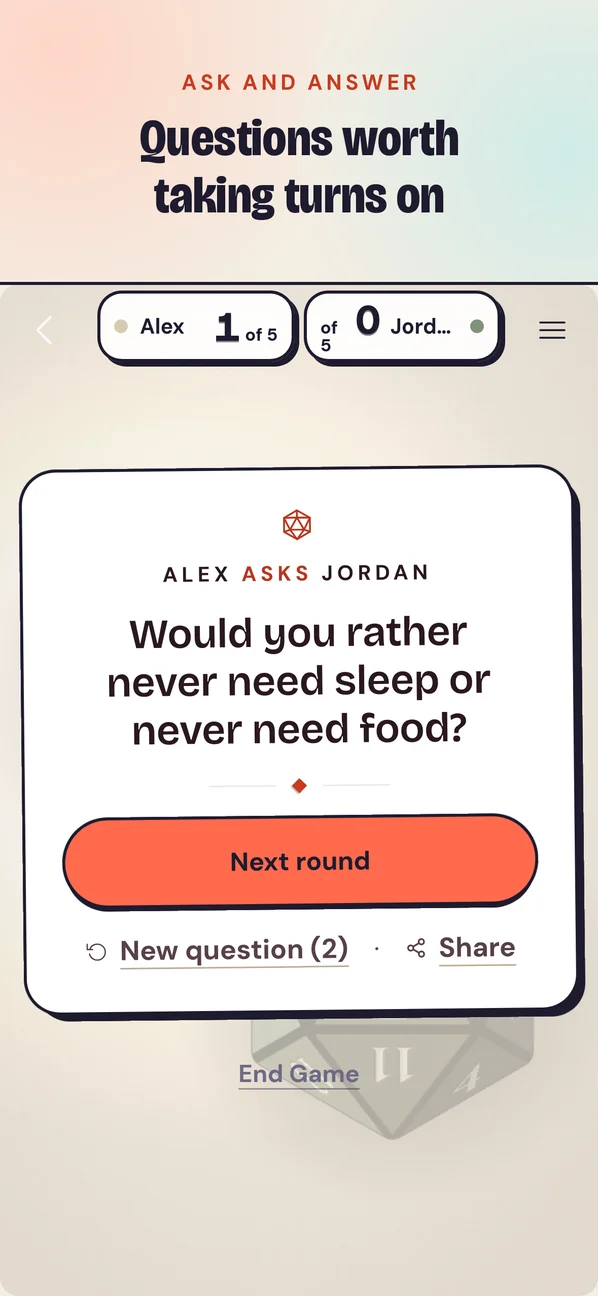 A question card after winning a round