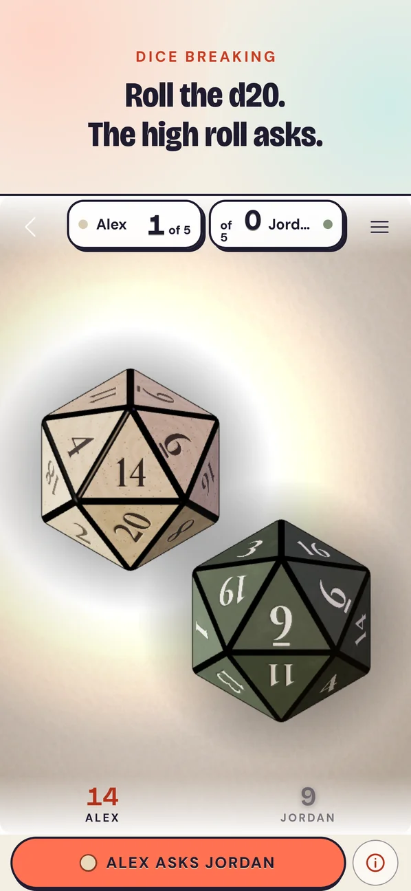 Two d20 dice on the leather table with the scoreboard above
