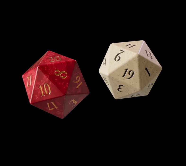 Two rendered d20 dice, crimson and ivory